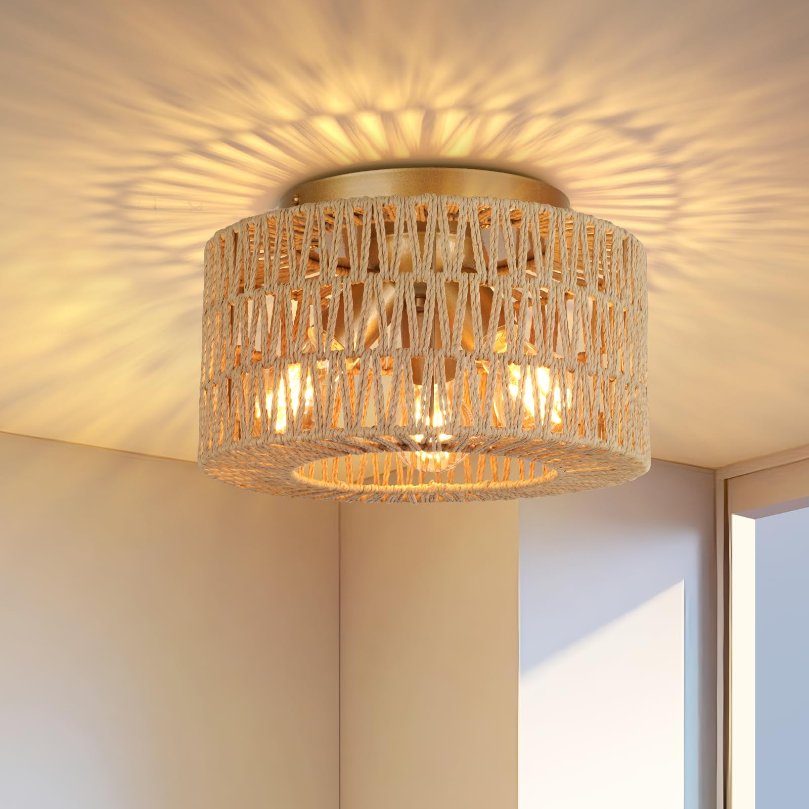 FRIDEKO HOME Deckenlampe Boho,3 Flammig Deckenleuchte Vintage mit Rattan Lampenschirm Hängelampe E27 Fassung für Wohnzimmer Esszimmer Schlafzimmer Küche Flur