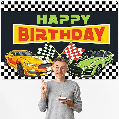 Miniatura 5 de RaceCar - Cartel de feliz cumpleaños de carreras de autos de carreras, decoración temática deportiva, decoración para interiores y exteriores,