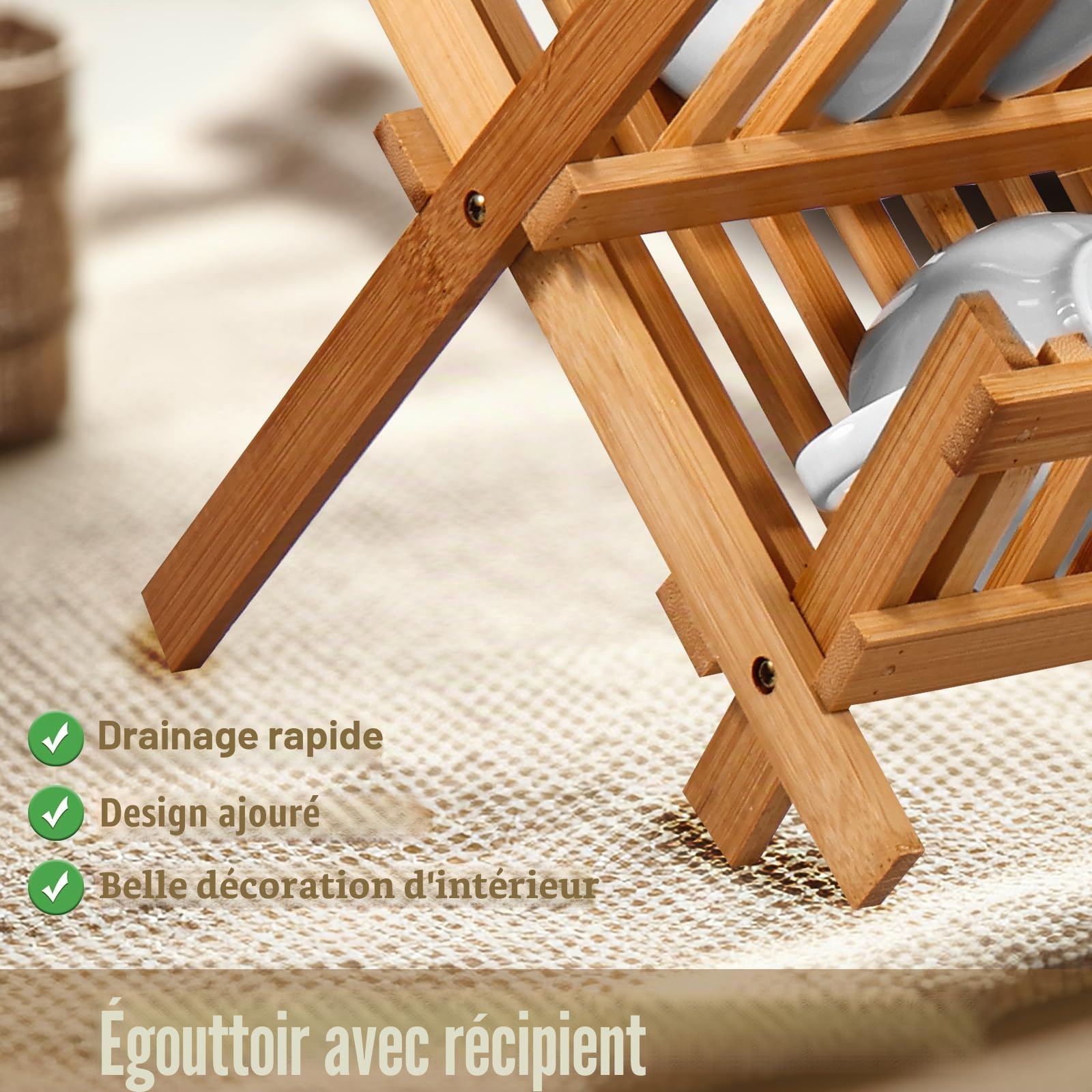 Égouttoir à vaisselle en bambou avec 20 emplacements, bol et support à vaisselle à 2 niveaux avec boîte à ustensiles, étagère de rangement pliable pour bols et assiettes, étagère de cuisine