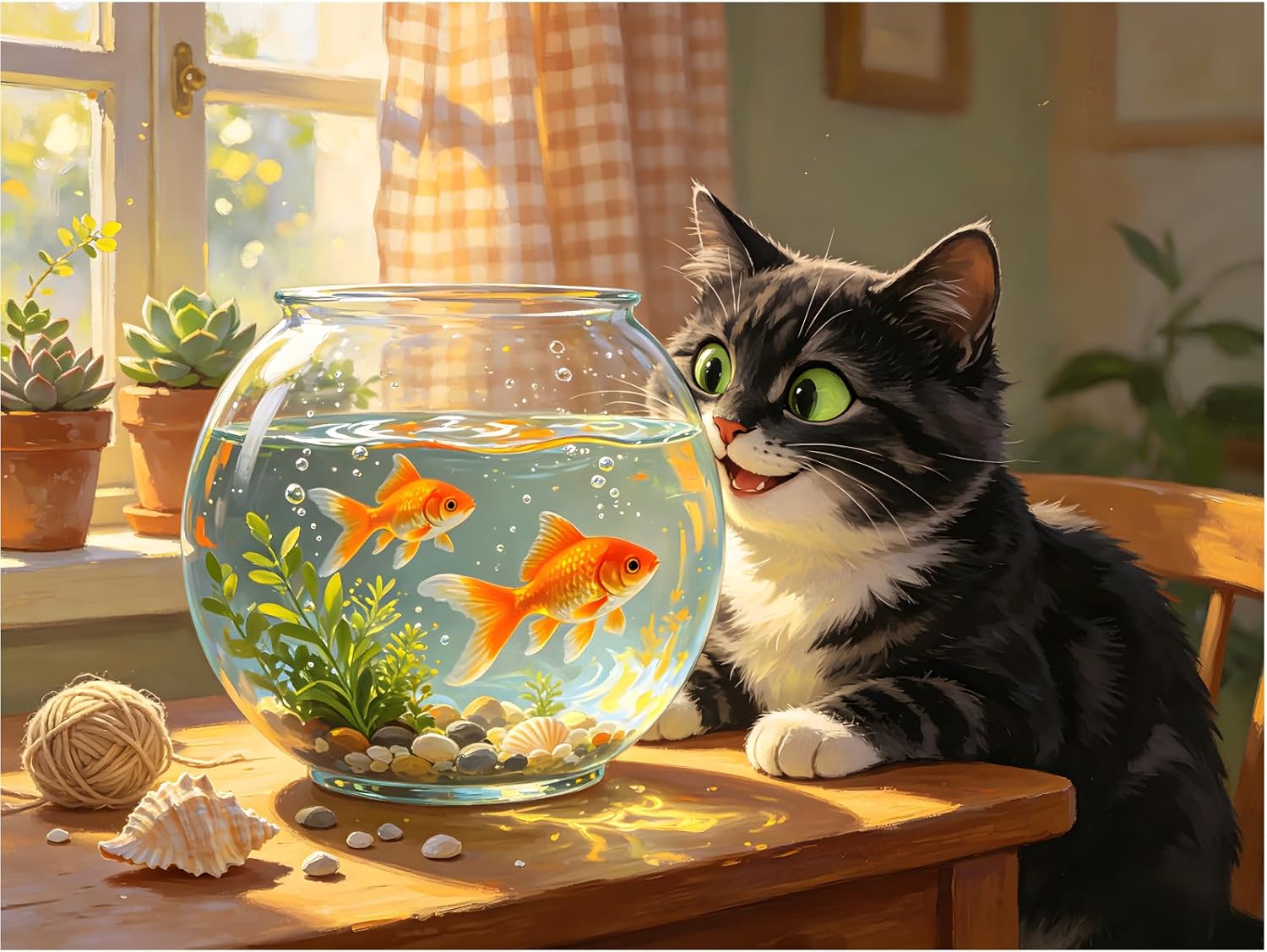 500 Piece Puzzle for Adults, Curious Cat & Goldfish Bowl 500 Piece Jigsaw Puzzle, Whimsical Cozy Indoor Scene Puzzle, Perfect for Family Game Night, Home Wall Decor, Great Gift for Adults, Seniors