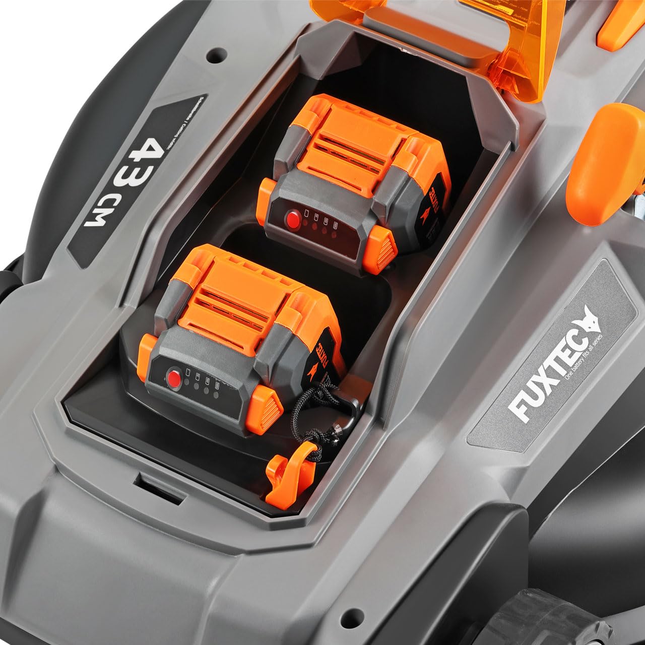 FUXTEC Tondeuse à Gazon sans Fil 40V (2x20V) E2RM43 Set Batteries et Chargeur - Largeur De Coupe 43cm, 40L