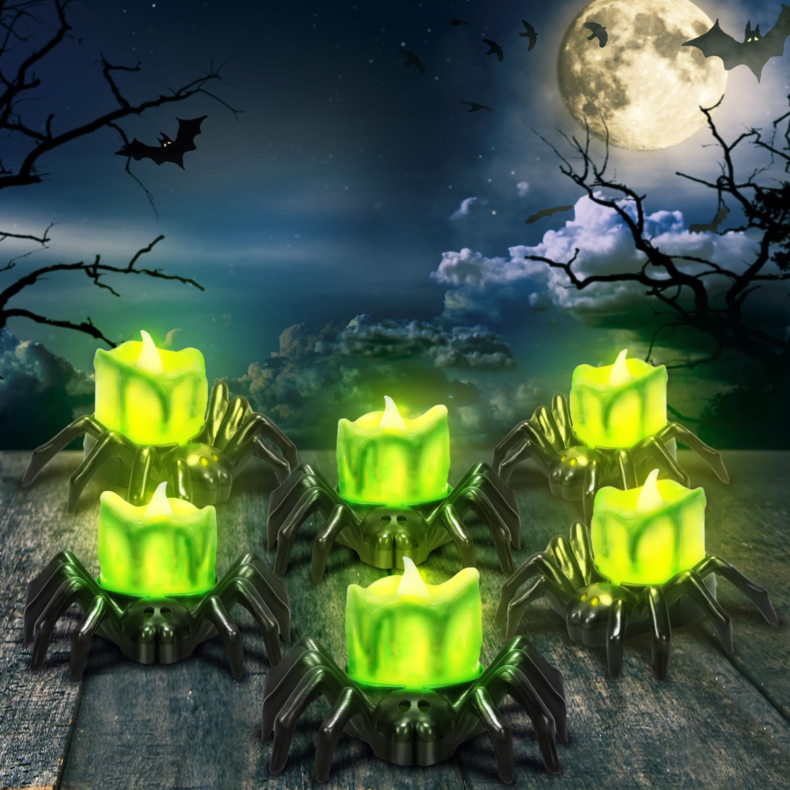 Landifor Green Spider 6 Pack Led Halloween Spider Candles Flameless Spider Led Green Tealight Battery Operated Halloween Lamp Candle Lanterns For Haunted House Halloween Night Indoor Decor