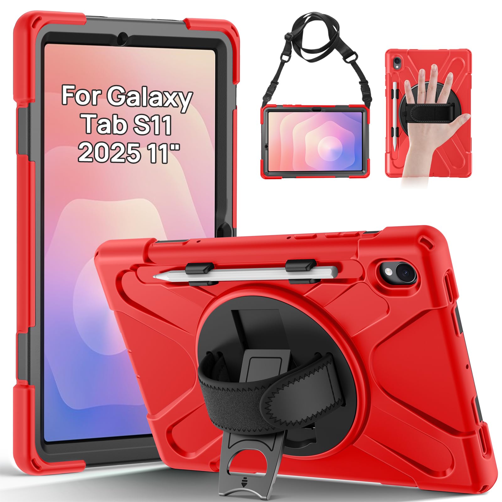 Gerutek Hülle für Samsung Galaxy Tab S11 11 Zoll 2025 (SM-X730/SM-X736), Stoßfeste Robust für Galaxy Tab S11 Hülle mit 360° Drehbar Stände/Handschlaufe Schultergurt, Case für Samsung Tab S11, Rot