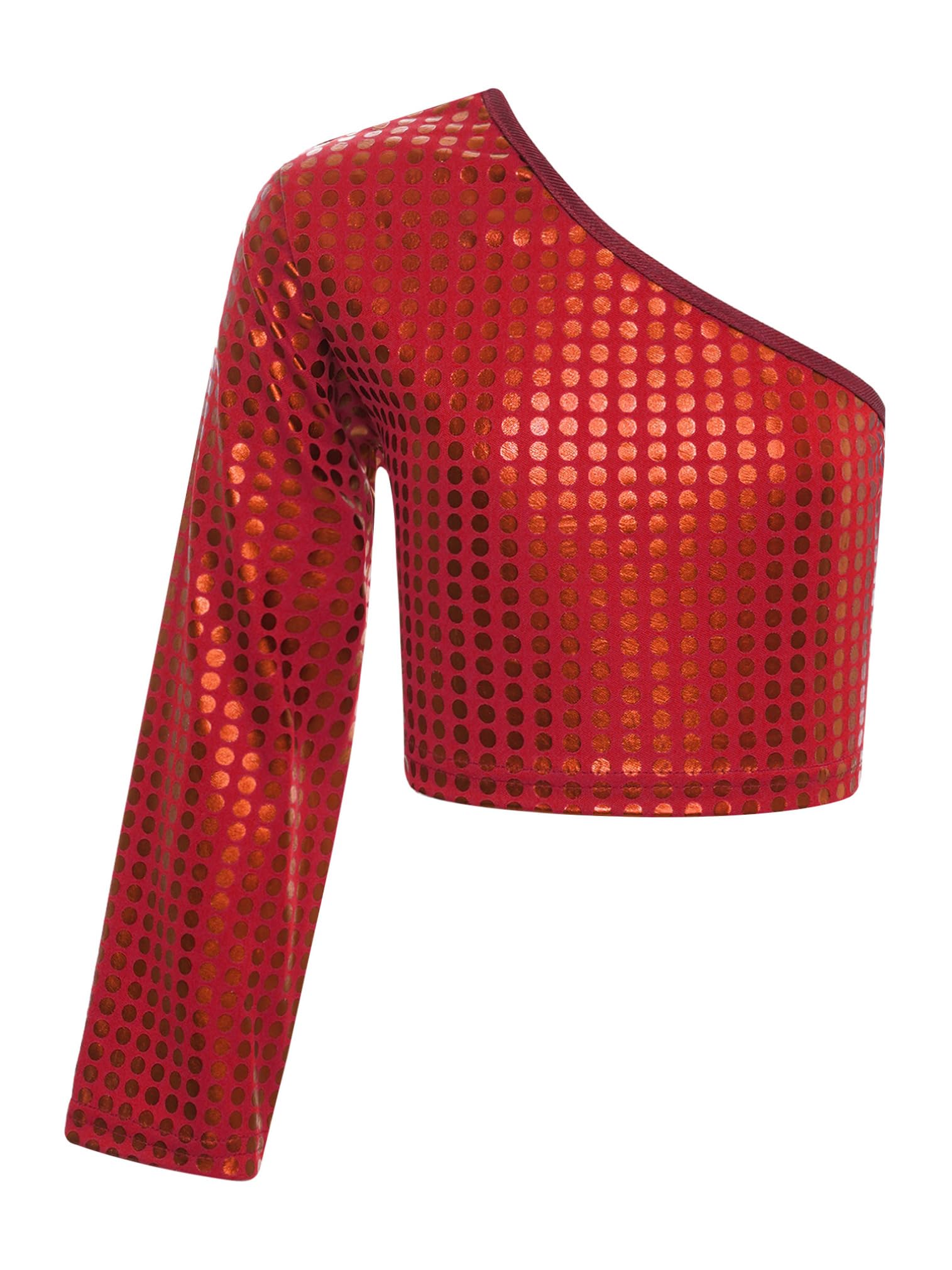 easyforever Kids Girls Shiny Dots One Shoulder Long Sleeve Crop Top Athletic Shirt Jazz Hip Hop Cheerleading Costume Red 5-6 Years