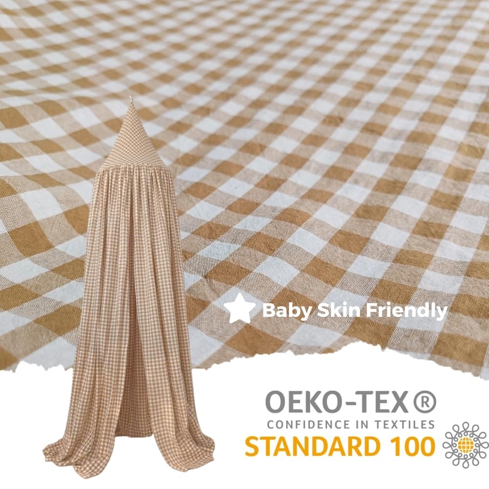 Wonder Space Kids Bed Canopy - Neutral Beige Gingham Checkered Design for Nurseries, W 19.7" x L 94.5" (1 Panels) - Image 2