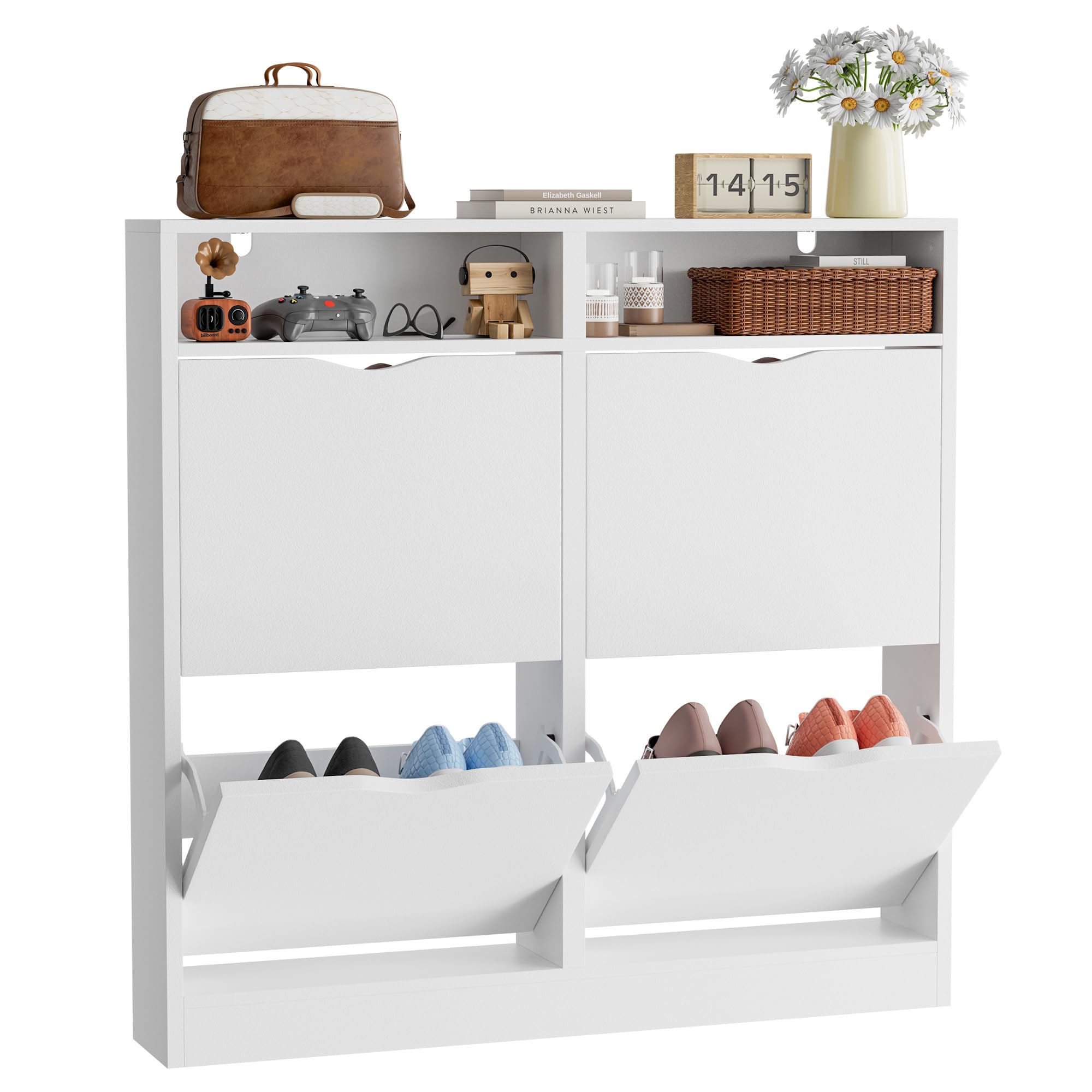 ELUCHANG Scarpiera Salvaspazio Slim con 4 Ante a Ribalta, Scarpiera Armadio Moderna per Corridoio, Ingresso e Camera, Legno in Bianco, 100x17x100cm