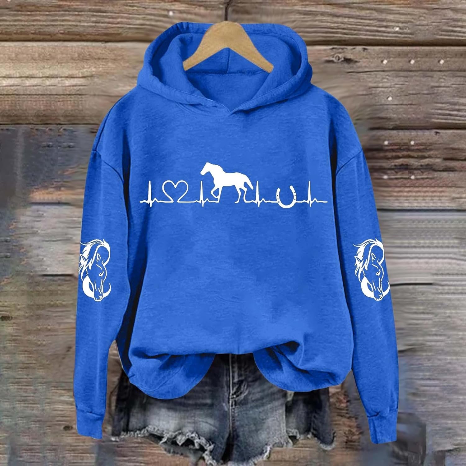 Heartbeat Horse Sweatshirt Hoodie Womens Cute Western Horses Printed Pullover Sweater Fall Long Sleeve Sports Tops - Image 2