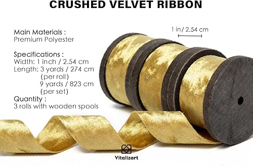 Miniatura 2 de Vitalizart Juego de cintas de terciopelo de 1 pulgada x 9 yardas, carrete de madera de lujo dorado, cintas de terciopelo de doble cara para árbol de