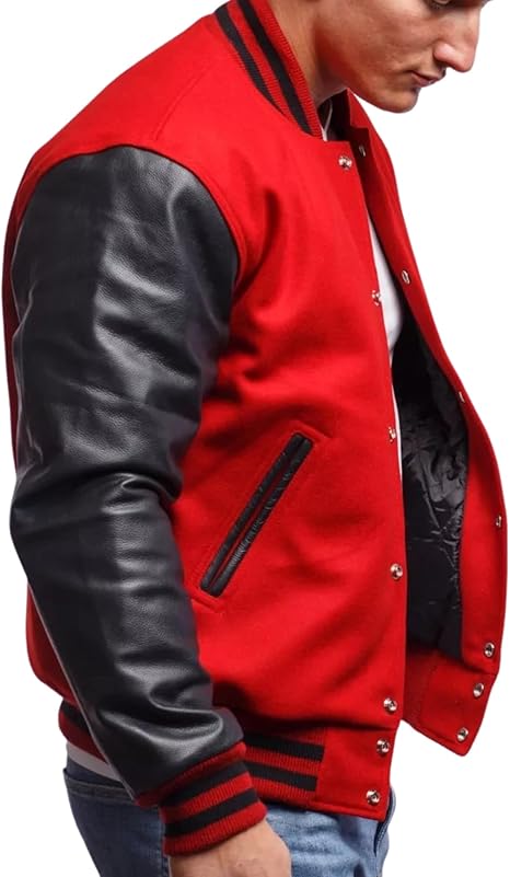 Varsity Jacket Men Leather Sleeves Classic Letterman Bomber Jacket