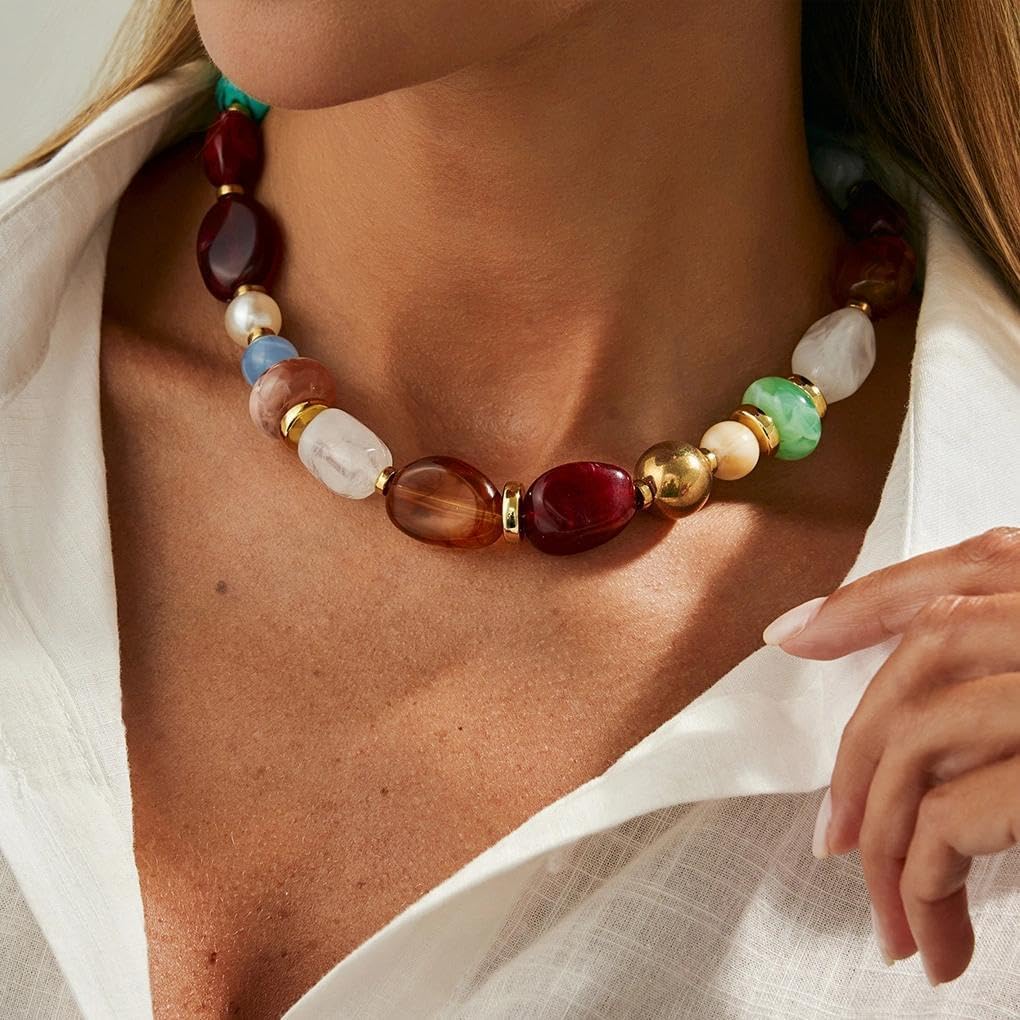 Bohemian Colorful Irregular Resin Metal Bead Necklace,Ethnic Gold Chunky Beaded Collar Necklace Punk Party Jewelry Accessories Gift for Women