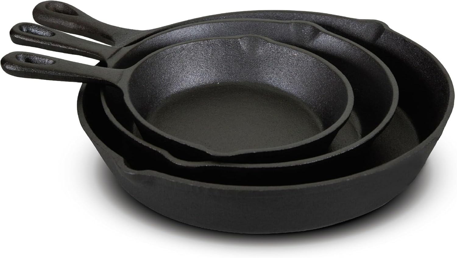 Jim Beam HEA Set of 3 Pre Seasoned Cast Iron Skillets with Even Distribution and Heat Retention-6" 8" 10", 10'', Black,JB0195