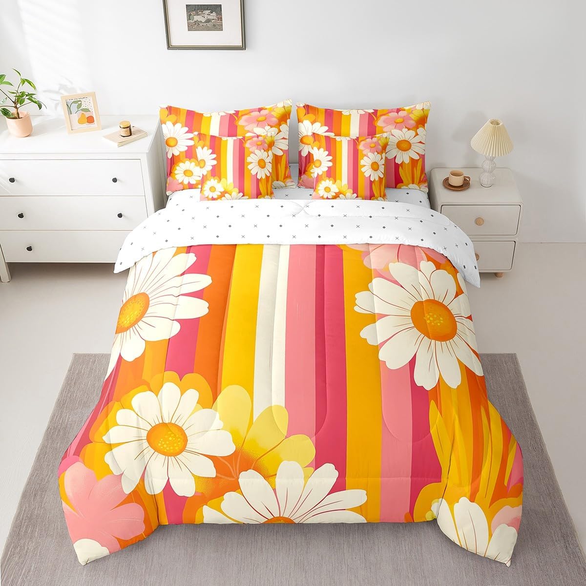 White Daisy Floral Bedding Set 7 Pieces For Kids Girls Pink Flower Comforter Set Twin,Rainbow Geometric Stripes Bedding Comforter Sets Orange Yellow Ombre Bed in a Bag Botanical Theme Bed Sheets Set