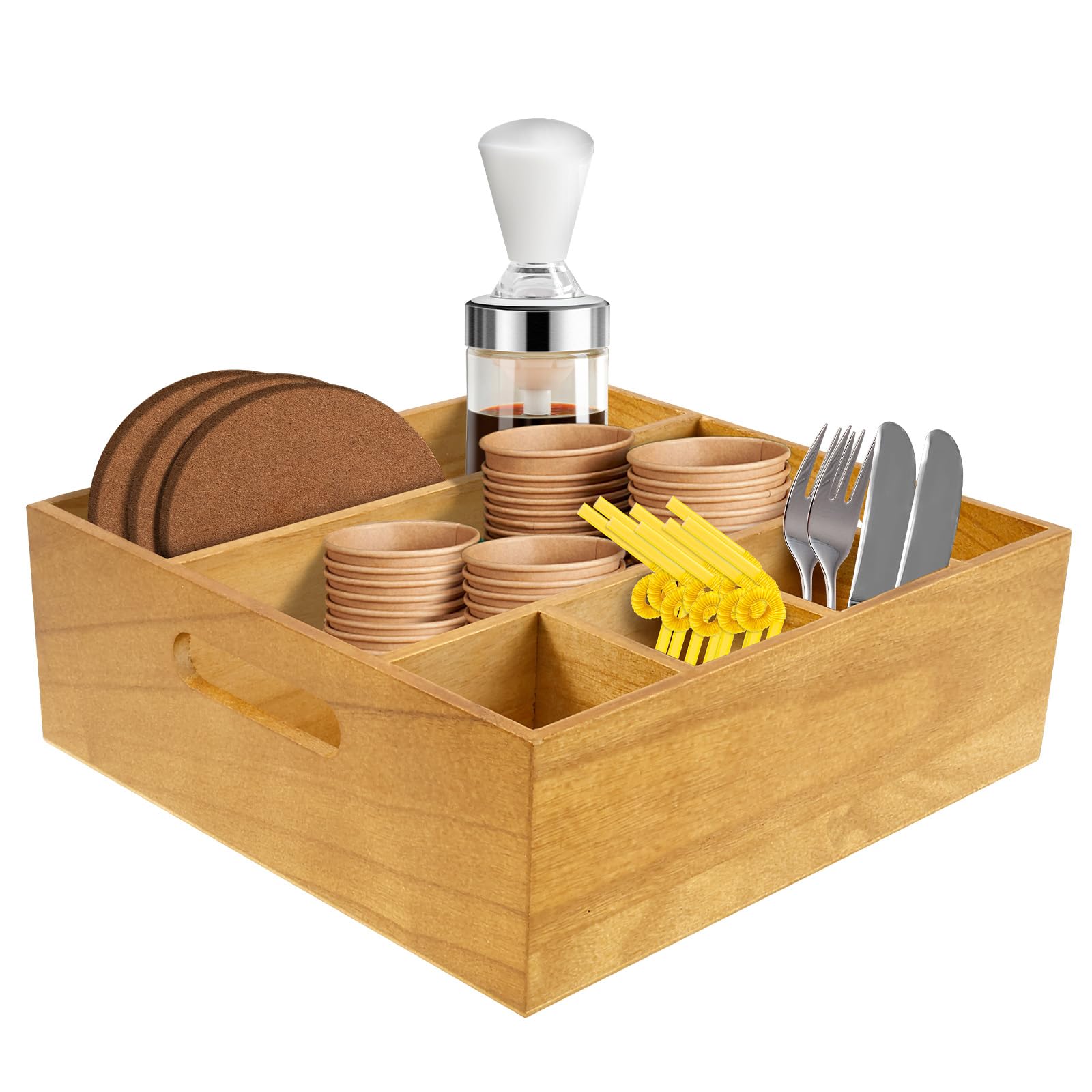 Shaojian Brown Party Bar Caddy, 6 Compartment Wooden Utensil Holder Napkin Holder, Paper Plate Organiser For Kitchen Countertop With Handles, Cutlery Flatware Box For Cups Spoons Forks Plates Napkins