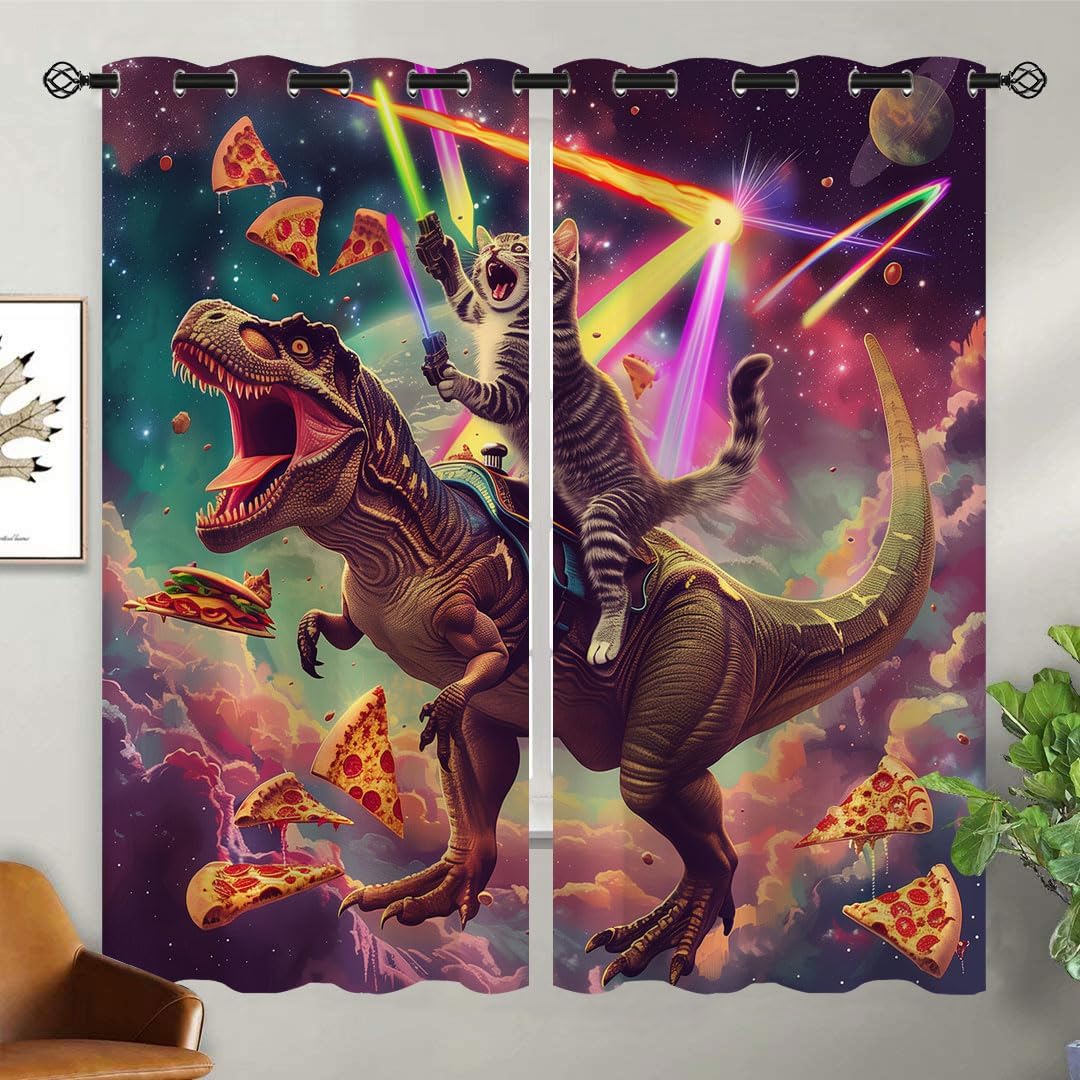 Funny Cat Blackout Curtains for Girls Boy Home Decor, Cool Dinosaur Fantasy Pizza Hilarious Grommet Thermal Insulated Drapes Darkening Window Curtain for Bedroom Living Room, 42 x 63 Inch