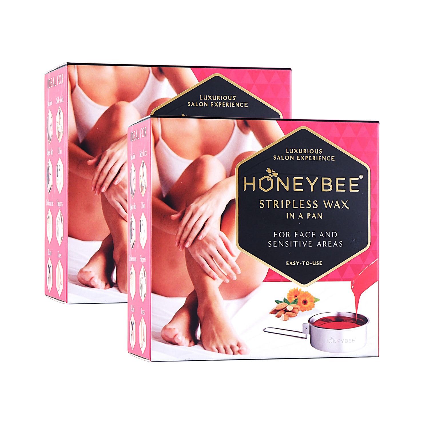 HoneyBee Stripless Katori Wax For Face|Pan With Handle For Face, Upper Lip, Chin, Jaw, Underarms, Bikini And Brazilian|For All Skin Types|No-Strip At Home|Post Wax Wipes|Spatula|120g, Women - Pack of 2