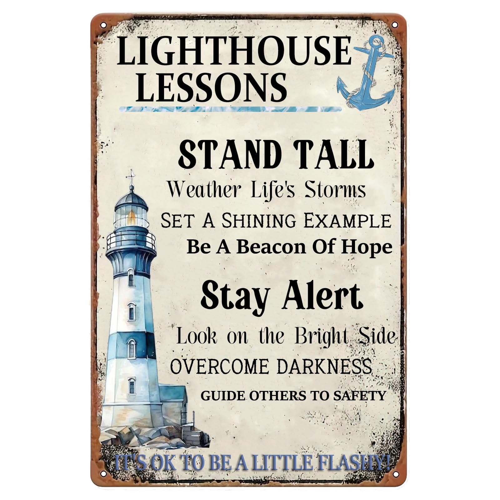 Vintage Metal Tin Sign, Lighthouse Lessons Stand Tall Life Quote Decor, 8x12 Inch