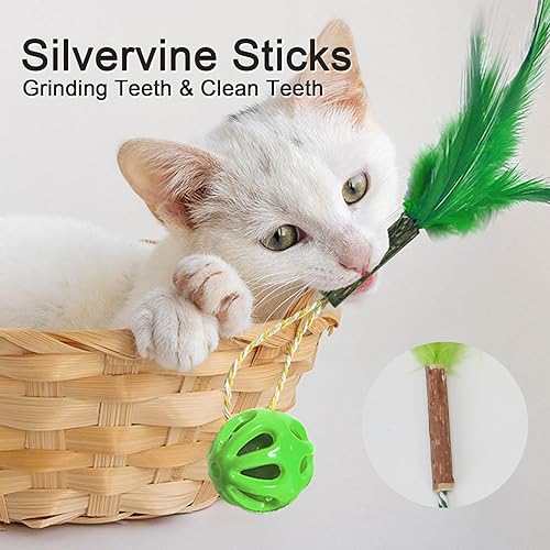 Miniatura 2 de Pelotas de juguete para gatos 3 en 1 con pluma, palo de vid plateada y campana interior, bolas interactivas de celosía colorida para gatos y gatitos