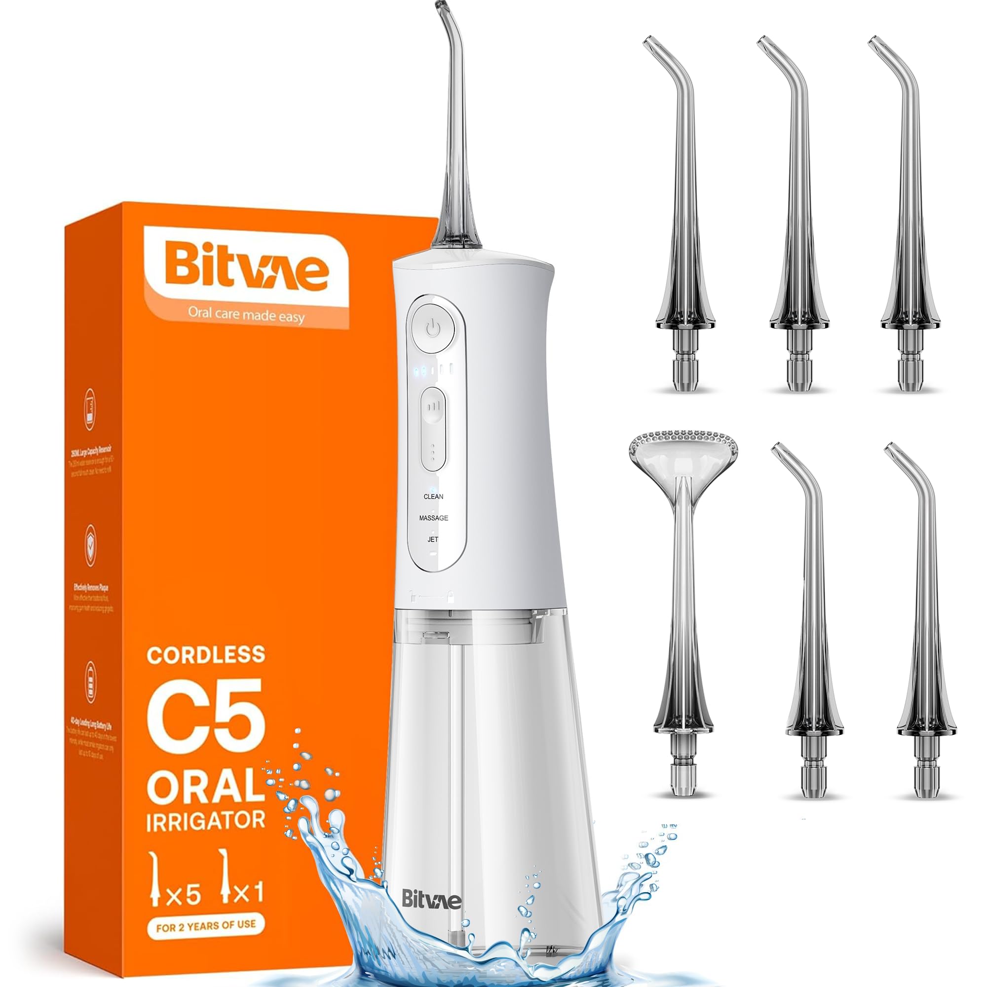 Bitvae Water Dental Flosser for Teeth, Rechargeable Water Teeth Cleaner Picks, 3 Modes 5 Intensities, IPX7 Waterproof, Oral Irrigator USB Cordless Water Dental Picks for Cleaning - Frost White