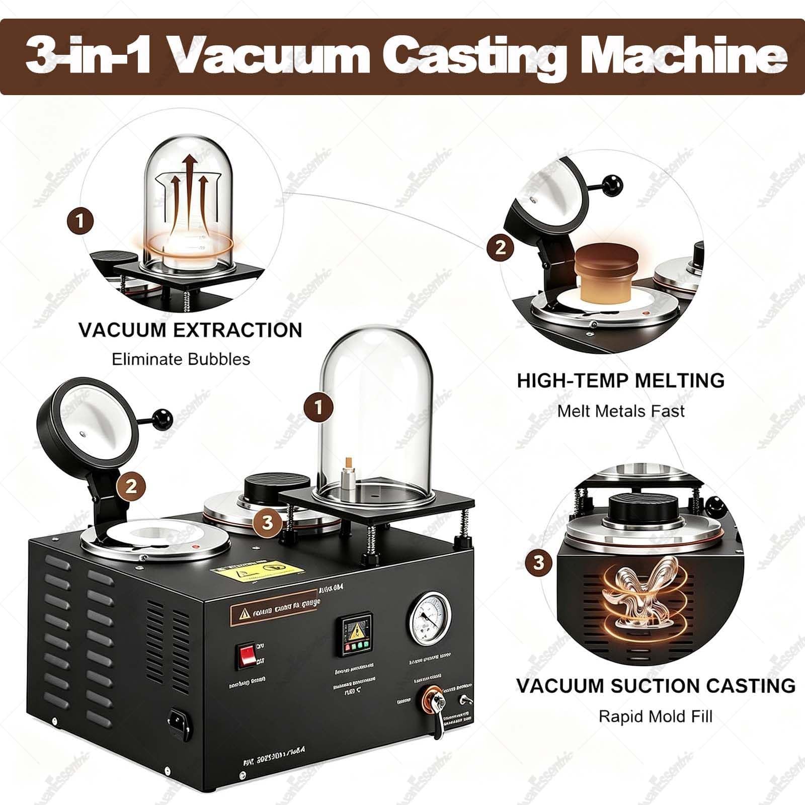Horno De Fusión De Metal De 1500W,Horno Fundición Oro a 1200 °c 1kg | Capacidad De 1/2/3 Kg,Pantalla Digital,Máquina Fundición Al Vacío Para Hacer Joyas Con Combo Cera Perdida 3 Cfm