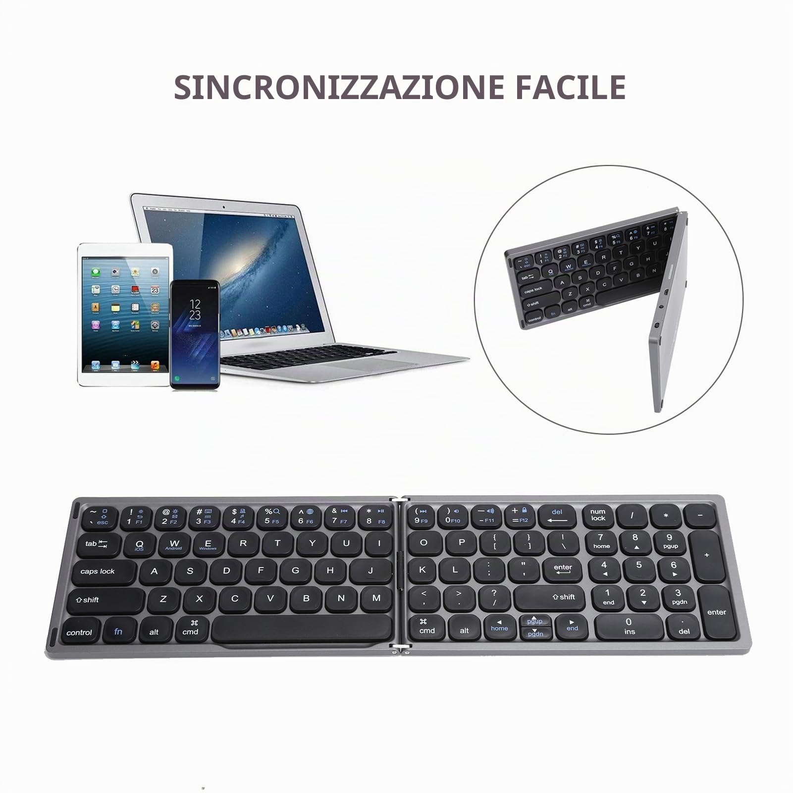 Tastiera Pieghevole Wireless Tastiera Bluetooth Pieghevole Tastiera da Viaggio con Area del Tastierino Numerico Indipendente Per Sistemi IOS Android E Windows 3(Grigio)