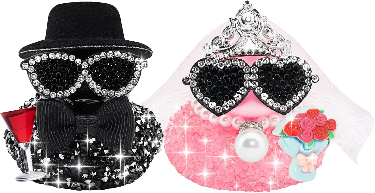 wonuu Mini Sparkly Diamond-Studded Wedding Rubber Duck, Groom Holding Wine Glasses Bride with a Bouquet Bling Rhinestones Duckies Set, Style 2