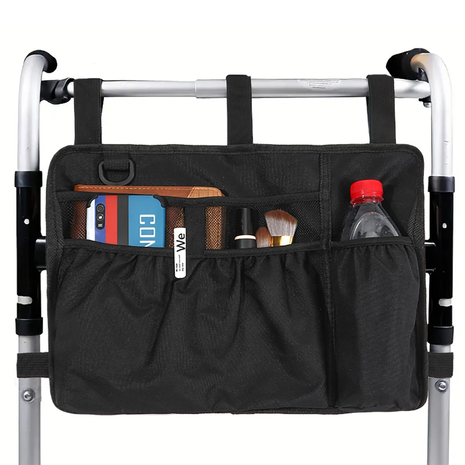 Dongawin Walker Bag Basket with Cup Holder Suit for Adult Folding Walkers Rollator Organizer Carry Storage Pouch Water-Resistant Armrest Accessories for Seniors, Elderly, Handicap (black)