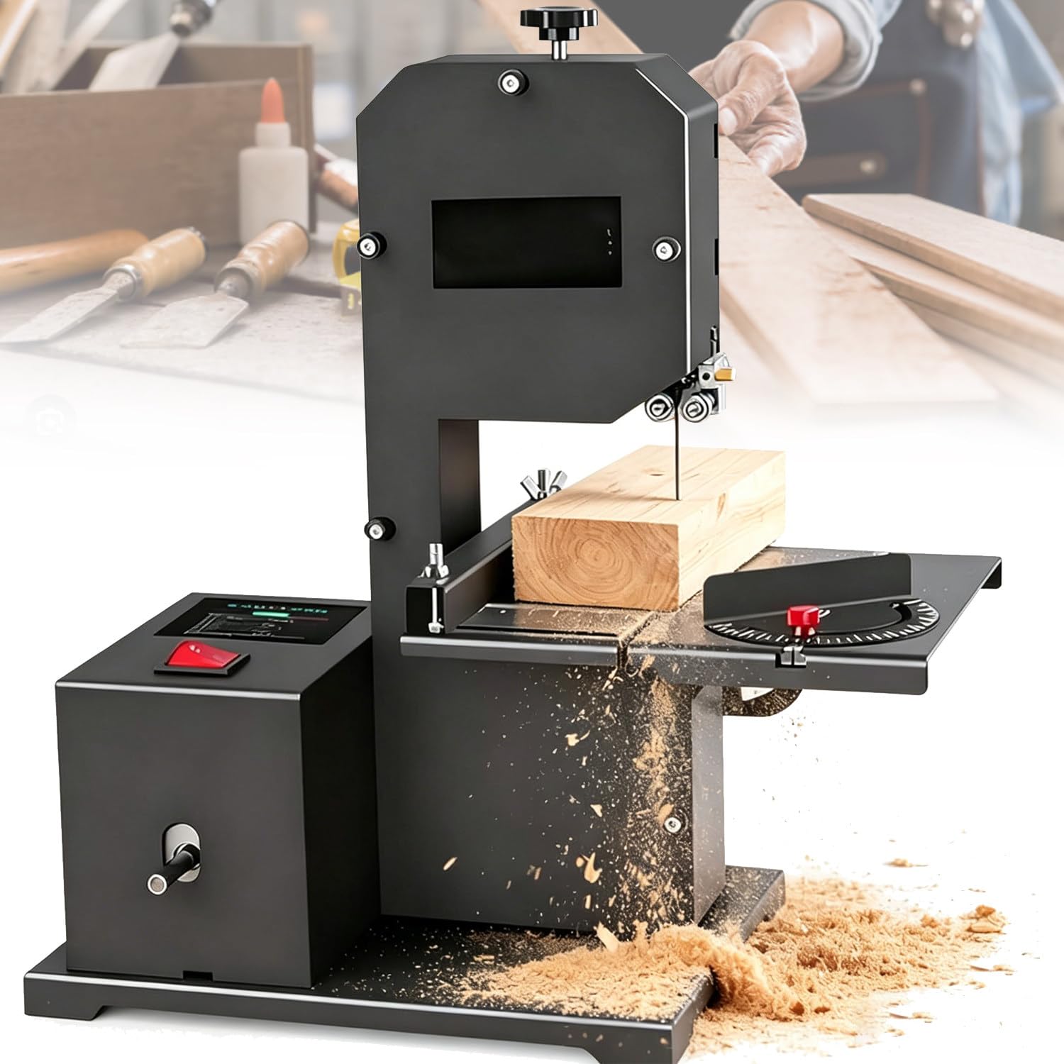Sierra de Cinta Multifuncional, Sierra de Cinta Vertical pequeña de 800 W, Mesa inclinable de 0 a 45°, Metal Reforzado. Base para Cortar Madera Dura y Espuma acrílica