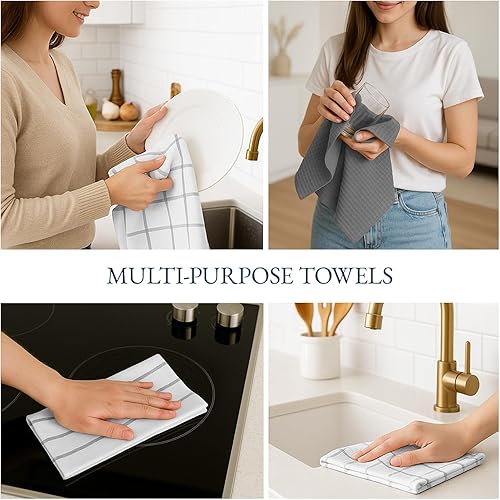 Miniatura 6 de LANE LINEN Juego de 12 paños de cocina de algodón para secar platos, 18 x 28 pulgadas, absorbentes, de secado rápido, color gris