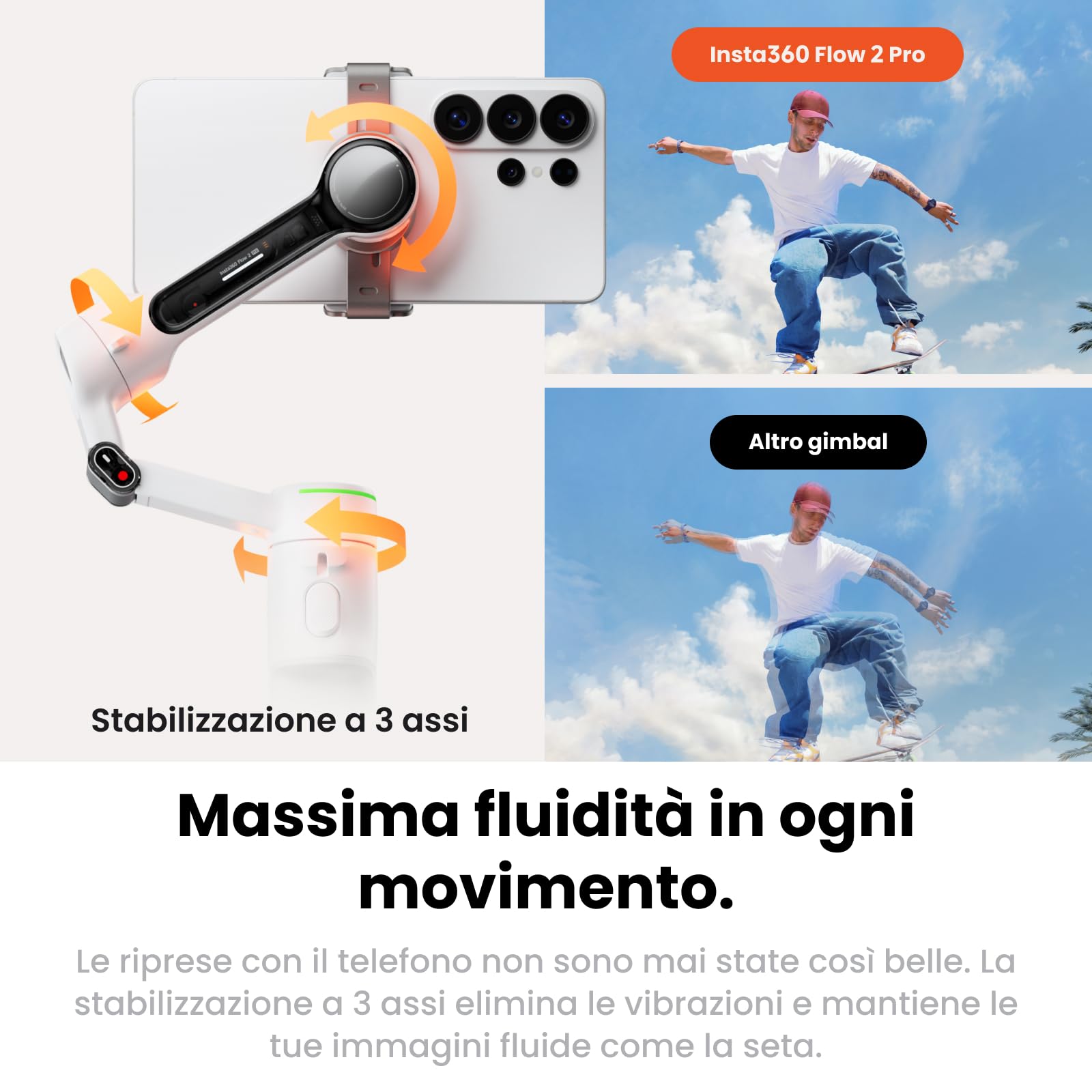 Insta360 Flow 2 Pro Tracker IA Pack Grigio - Gimbal IA iPhone/Android, Tracciamento +200 app con Apple DockKit, Tracker IA, Tracciamento di Gruppo, Tracciamento 360°, Treppiede/Selfie Stick integrato.