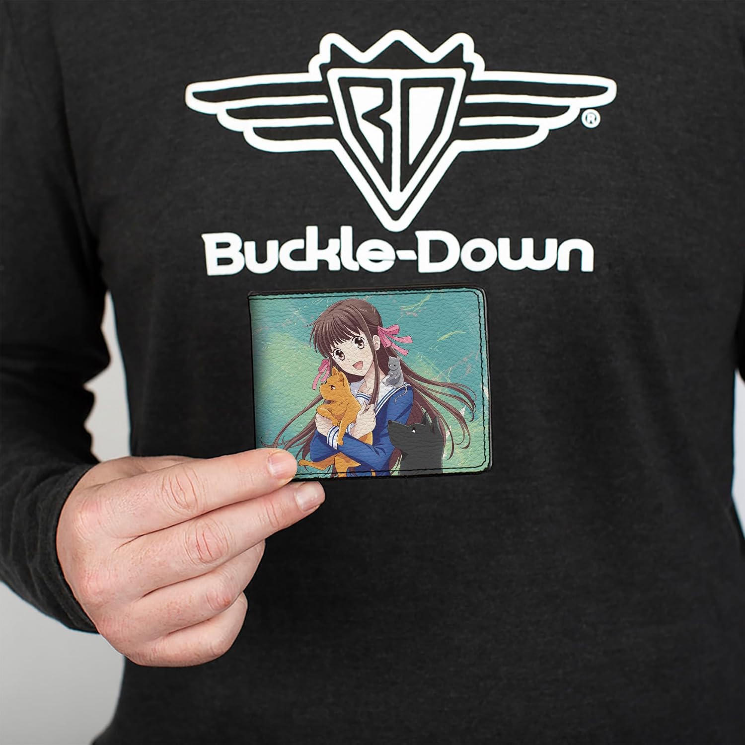Buckle-Down Crunchyroll Wallet, Bifold, Fruits Basket Kyo Yuki and Tohru with Cat Rat and Dog Pose, Vegan Leather