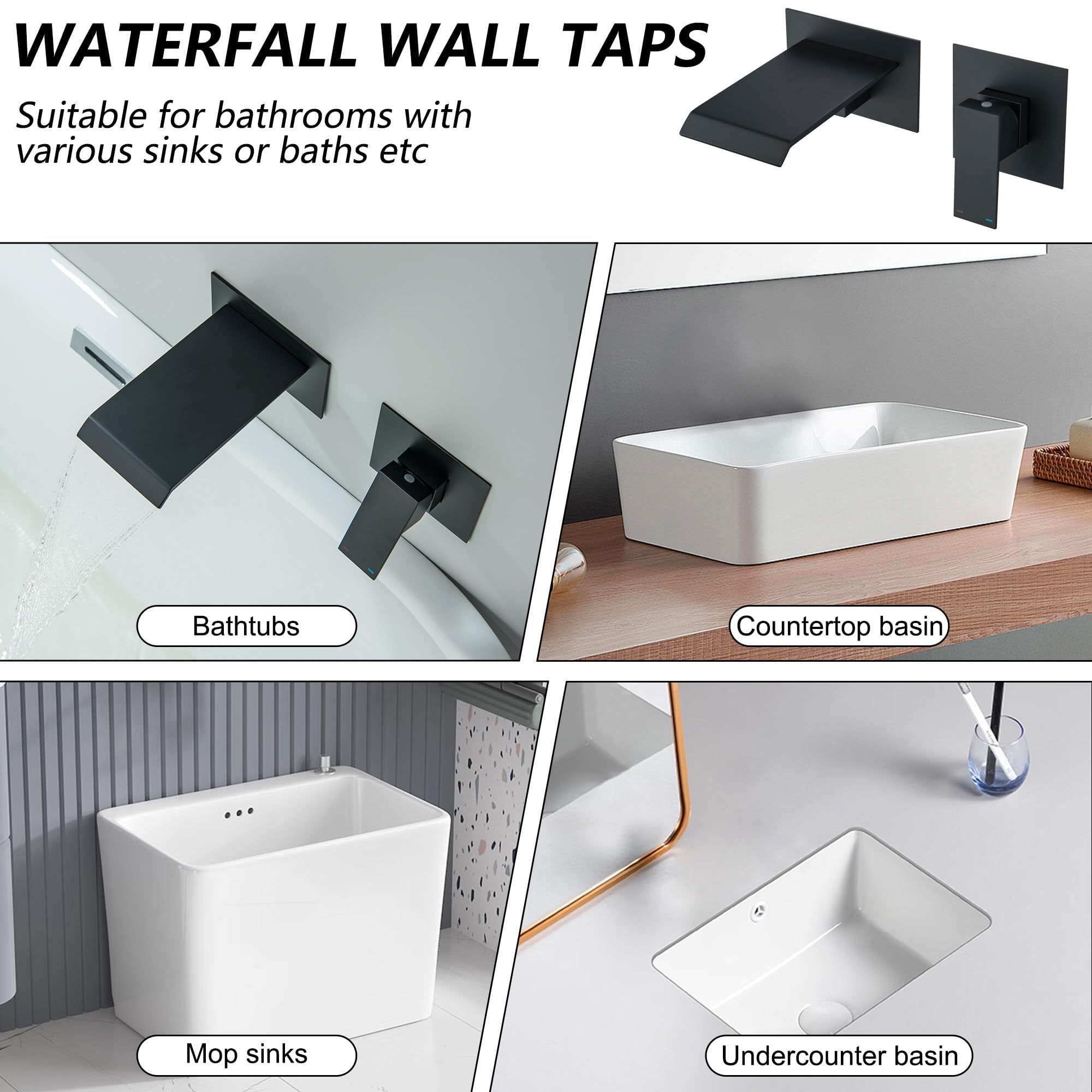 Rubinetto da bagno a parete con bocca a cascata in ottone nero opaco, riempitore da bagno a muro