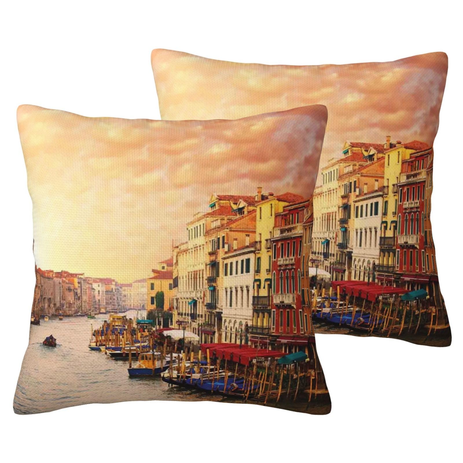 Housse de coussin Venise imitation lin motif paysage italien lot de 2 pièces