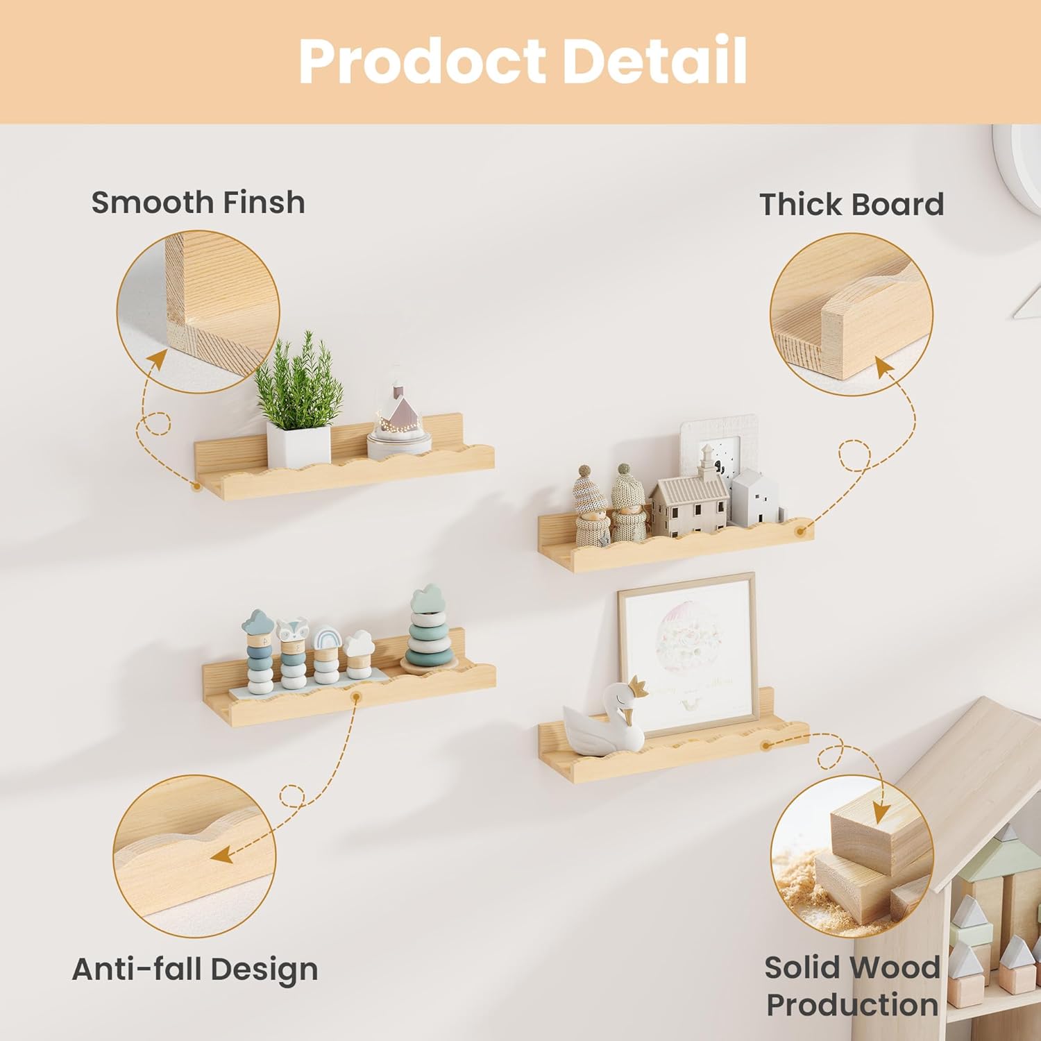 Fun Memories Picture Ledge Shelf for Wall, 16 inch Pine Wood Nursery Book Shelves Set of 4- Wall Book Shelves for Kids Room, Home Decor - Kitchen Spice-Natural