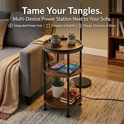 Vista 4 de Mesa auxiliar redonda pequeña con estación de carga para espacios pequeños, mesa de acento redonda de 3 niveles con puertos USB y tomas