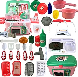 Shape28 Pretend Play Kitchen Set for Children Playset with Pretend Food to Cook,Kitchen Set with Sink and Faucet with Running Water, Cooking Spray, Oven with Lights, Sounds and Cold Steam