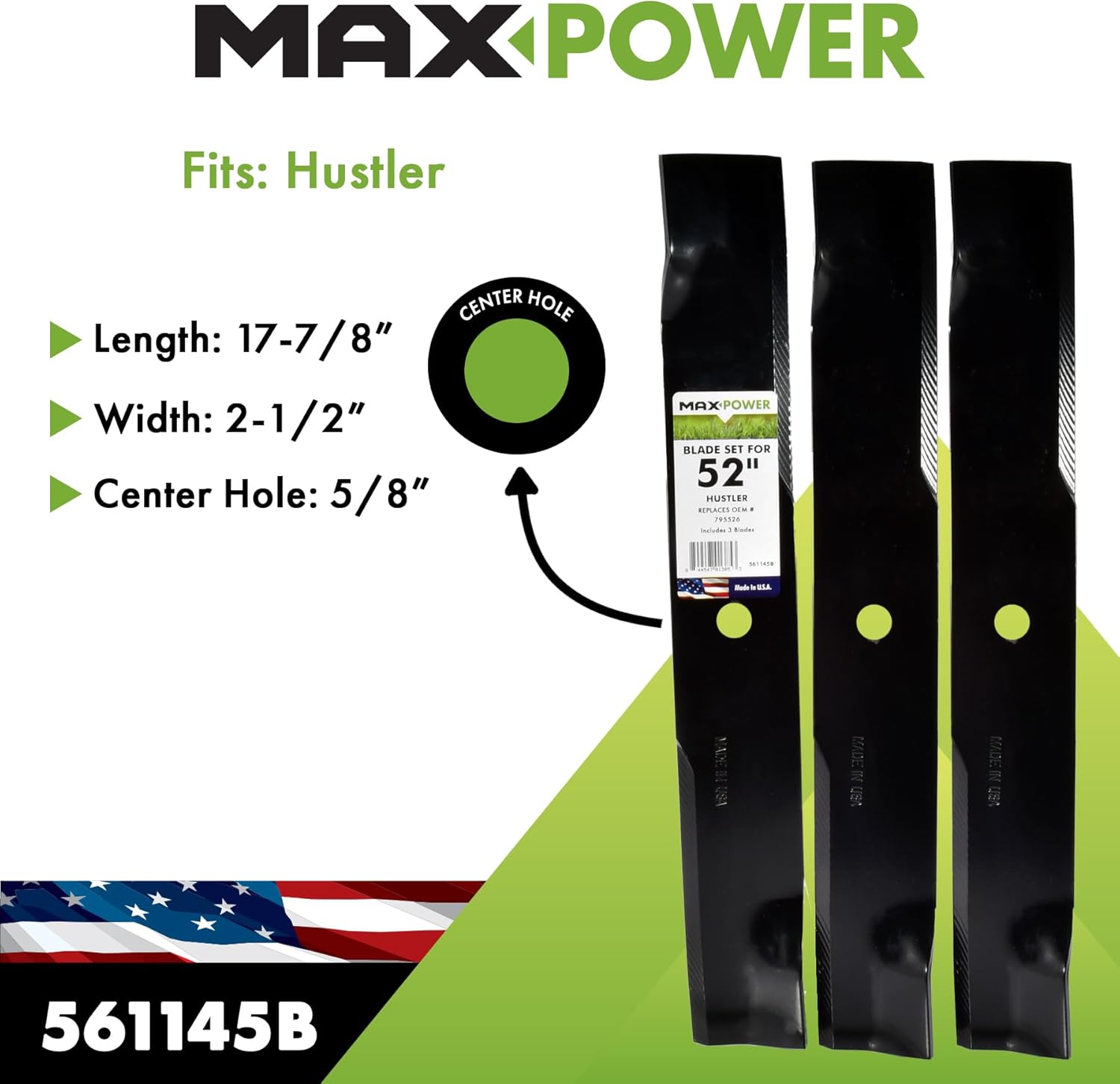 MaxPower 561145B 3 Blade Set for 52 in. Cut Hustler Mowers, Replaces OEM #'s 795526, 603995, 783753, 787721, 30227-52X