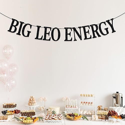 Miniatura 3 de Big Leo Energy Banner, decoración de cumpleaños de Leo, decoración de cumpleaños con 12 constelaciones del zodiaco (purpurina negra)