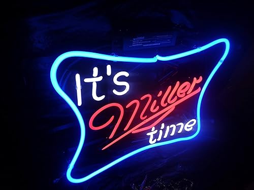 Miniatura 2 de It's Miller Time - Letrero de neón con marco de metal, 17 x 13 pulgadas, luz de neón de cristal real para cerveza, bar, pub, garaje, habitación