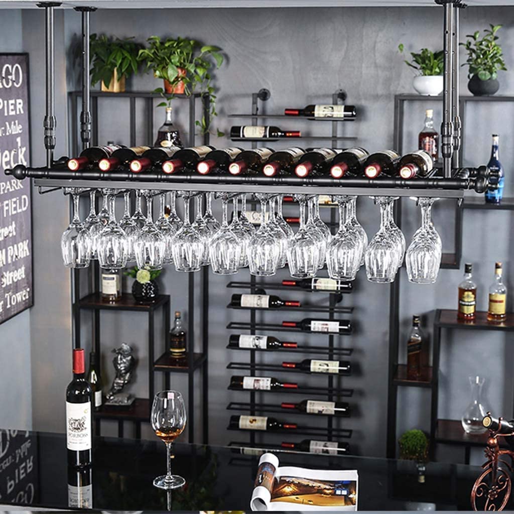 Casier à vin suspendu en fer avec porte-verre et étagère de plafond double couche