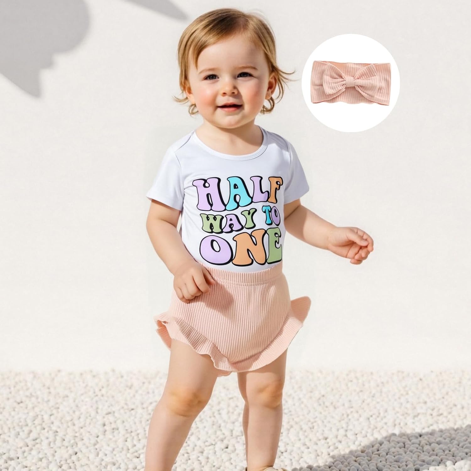 Baby Girl Half Birthday Outfit Half Way To One Short Sleeve Romper Ribbed Ruffle Shorts Headband 1/2 Birthday - Image 2