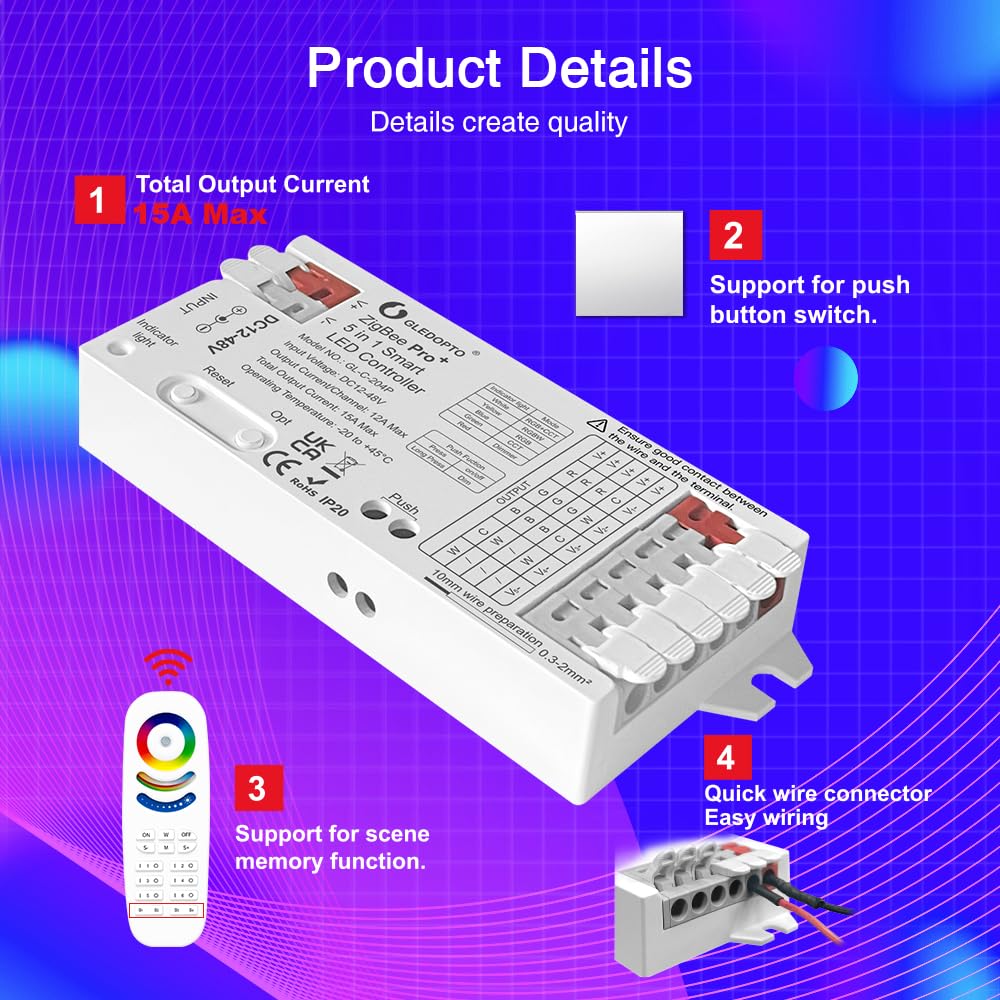 GLEDOPTO Contrôleur LED ZigBee3.0 Pro 5 Modes en 1 RGBCCT RGBW RGB CCT Dimmer DC 12-48V 15A Max PWM Dimming LED Strip Alexa Tuya