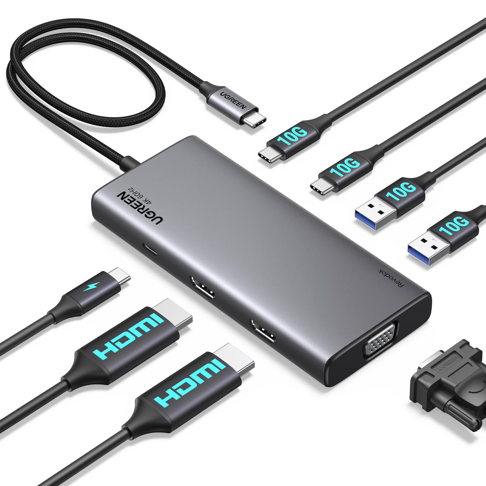 UGREEN Revodok Pro 3081 Docking Station USB C Triplo Schermo 2 HDMI 4K 1 VGA 1080P Hub USB C 10Gbps Adattatore USB C a 2 USB A e 2 USB C 3.2 PD 100W Carica Compatibile con MacBook Pro Air Surface Pro