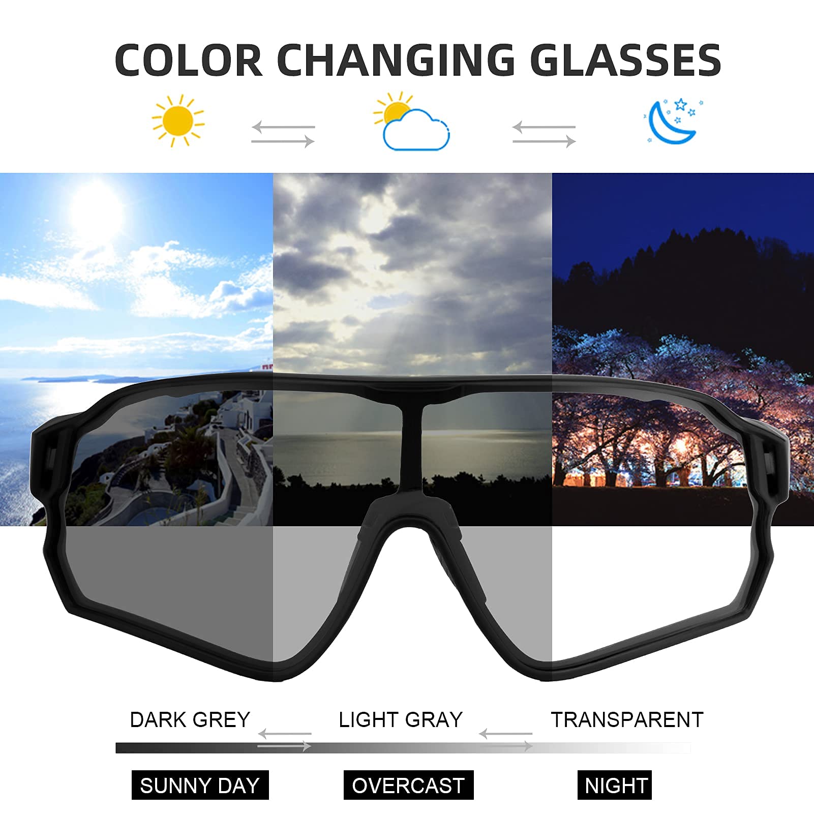 ROCKBROS Lunettes de Cyclisme Photochromiques UV400 Noir | Lunettes de Soleil Sport, Verres Clairs Adaptatifs, Protection UV, Coupe-Vent pour Vélo, Conduite, Pêche et Golf