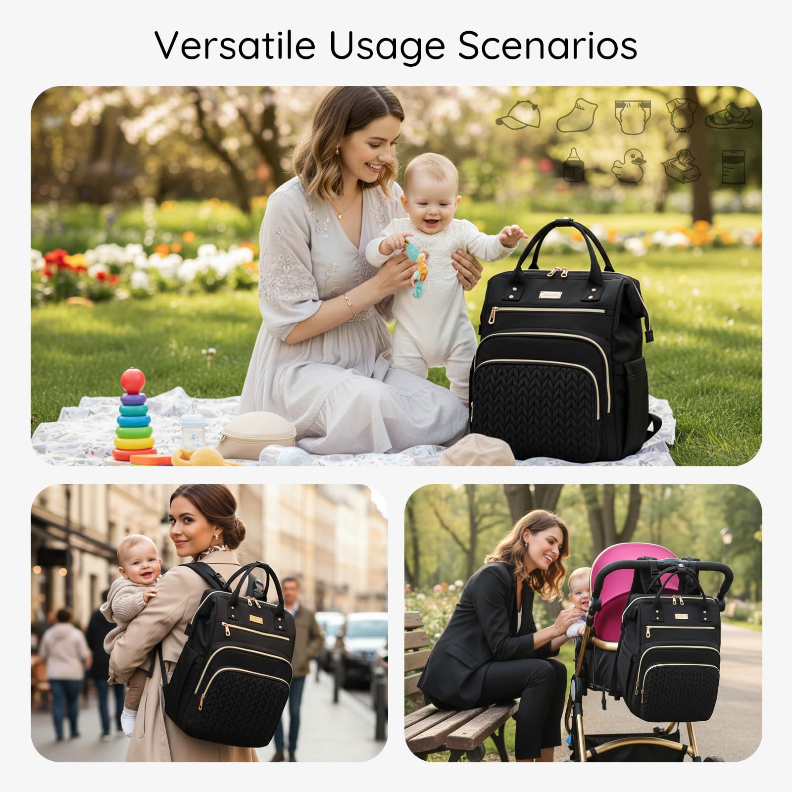 AIJIEKE Bolsa de pañales para bebé, mochila grande para pañales con cambiador, mochila esencial para pañales de viaje