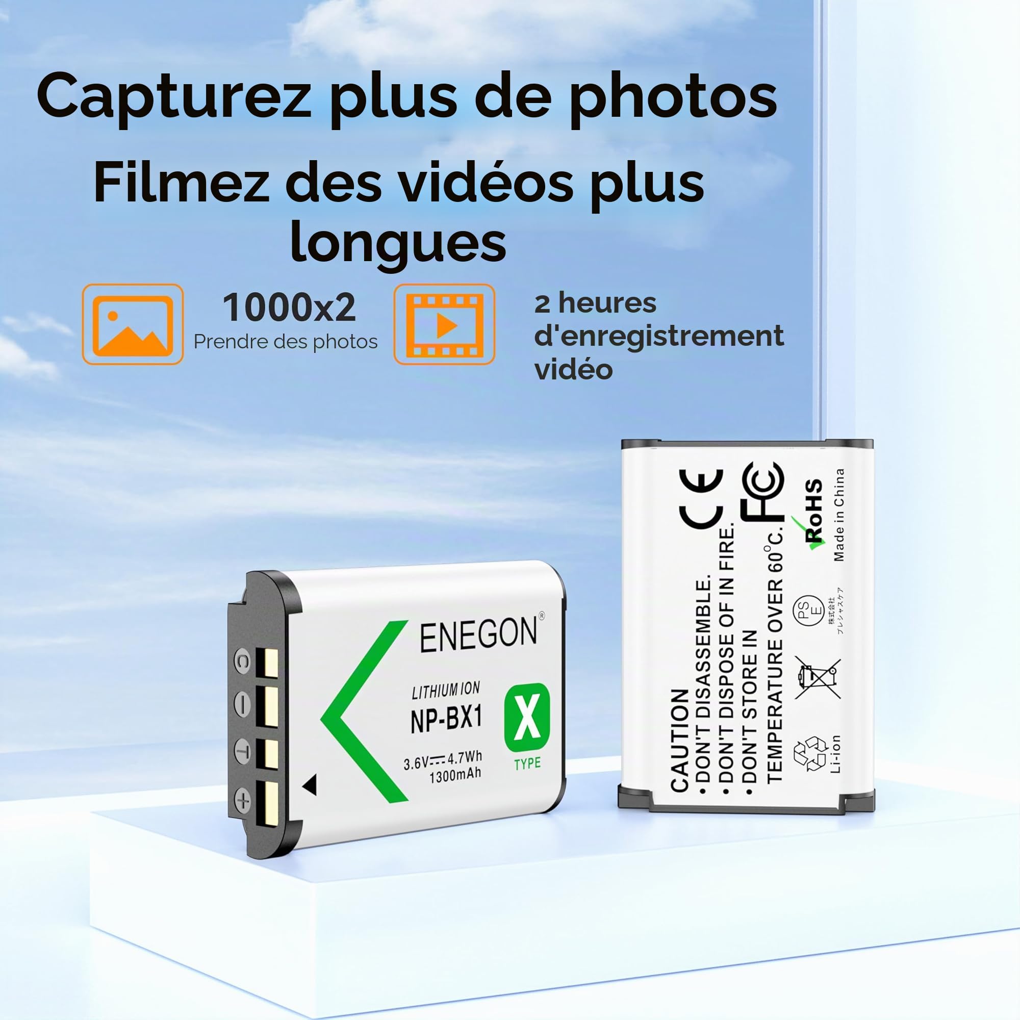 Batterie ENEGON NP-BX1 (Pack de 2 1300mAh) et kit de Chargeur LCD compatibles avec Sony NP-BX1 et Sony ZV-1, Cyber-Shot DSC-RX100, DSC-RX100 II/III/M4/M5/M6/M7/Ⅳ/Ⅴ/Ⅵ/Ⅶ/VA, DSC-RX100M II, HDR-CX405