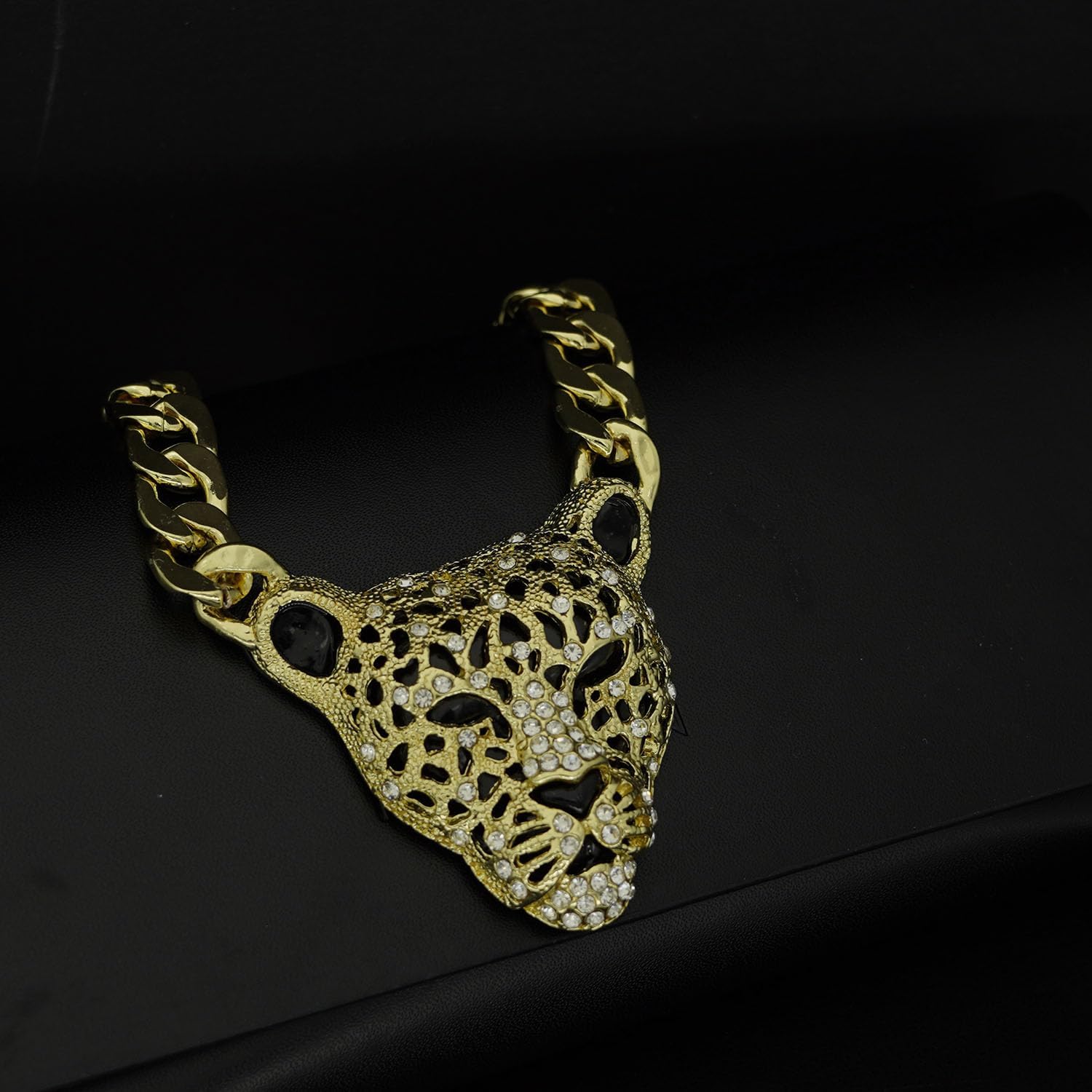 Chunky Cuban Chain Leopard Pendant Choker for Women Men,Animal Cheetah Iced Out Charm Necklace with 14K Gold Plated Link,Faux Diamond Bling Bold Statement Hip Hop Rapper Punk Jewelry - Image 6