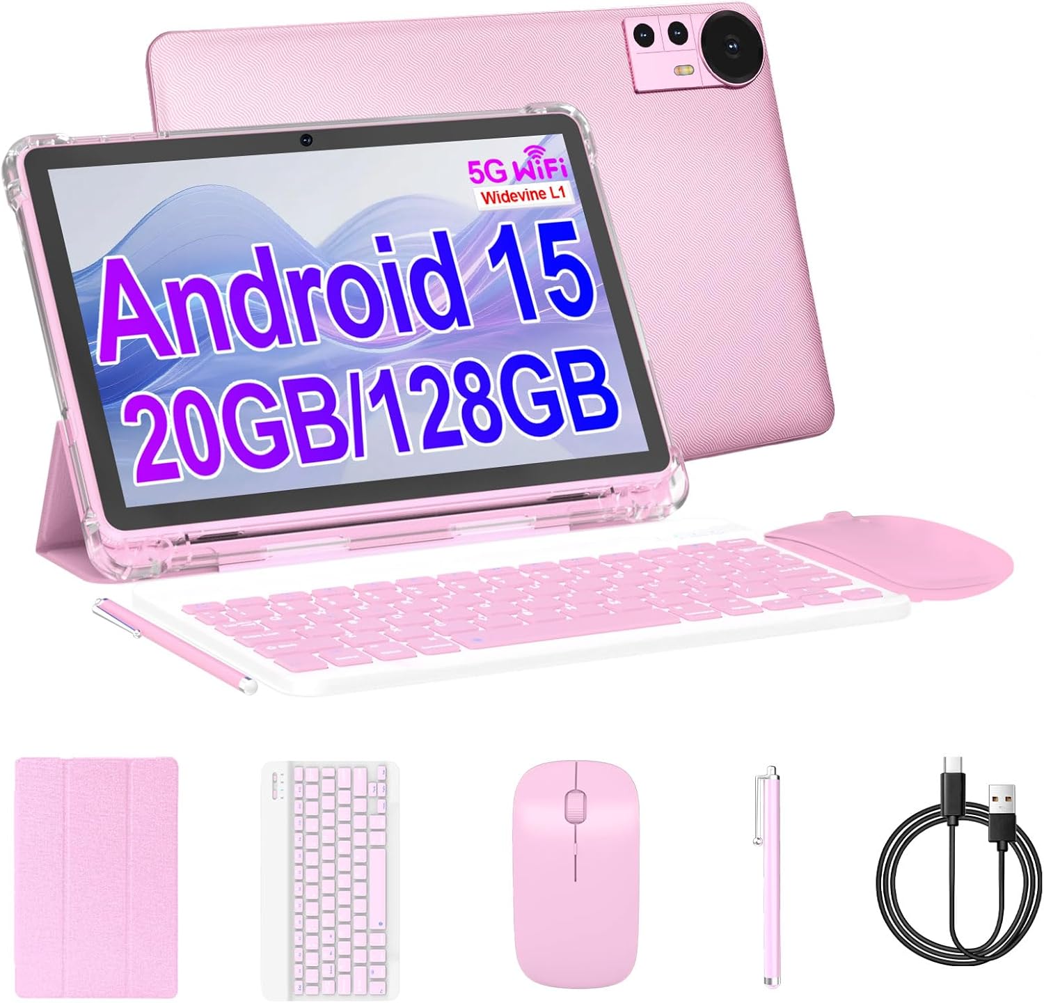 10 Inch Tablet Android 15 Tablets with Case 4+16GB RAM+128GB ROM, 6000mah Battery 10 in Android Tableta, 2MP+8MP Dual Camera 10.1'' IPS HD Touch Screen Tab (Pink+Keyboard)