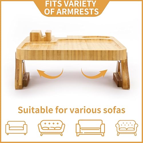 Miniatura 4 de Mesa de sofá de bambú con clip en el brazo del sofá de la mesa auxiliar con soporte giratorio de 360, bandeja de sofá para brazo, diseño único de