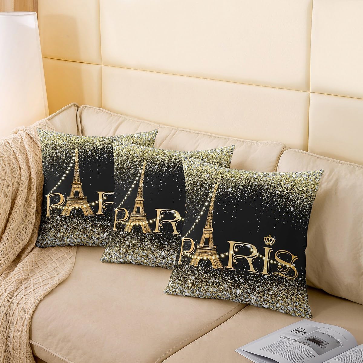Erosebridal Paris Pillow Covers 22x22 Set of 2 for Girls Women,Black Golden Sparkle Eiffel Tower Throw Pillow Covers,Gradient Diamond Cushion Cases,Girly Sequins Accent Pillow Cases Home Room Decor