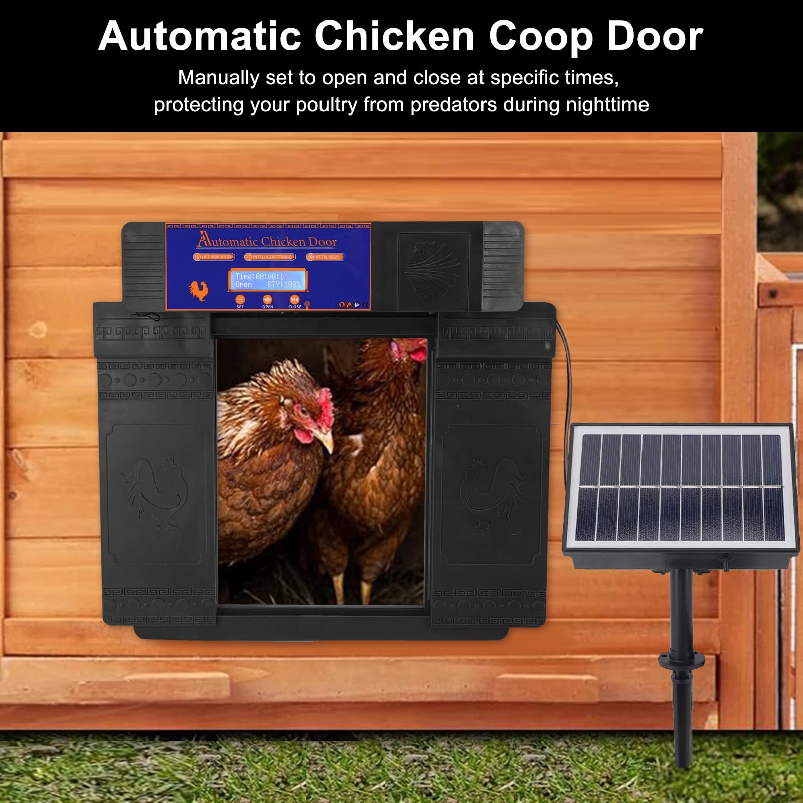 Cocoarm Puerta Automática para Gallinero, Puerta de Gallinero con Energía Solar con Temporizador, Infrarrojos Anti Pellizco, Pantalla LED, Doble Potencia, IP45 Impermeable para Pollos, Patos, Gansos
